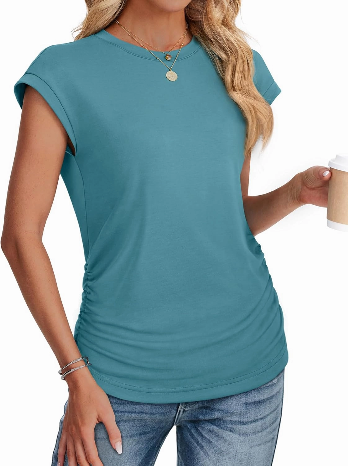 SAMPEEL Womens Summer Tops Trendy 2025 Ruched Cap Short Sleeve Tshirts Shirts Crew Neck T Shirts Fashion