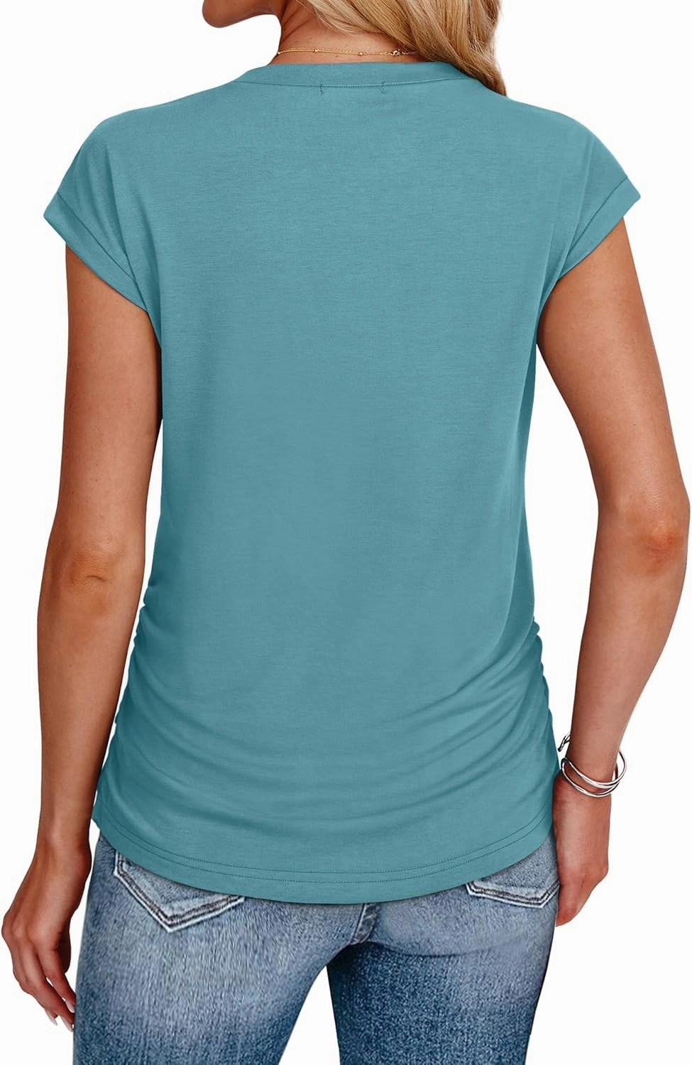 SAMPEEL Womens Summer Tops Trendy 2025 Ruched Cap Short Sleeve Tshirts Shirts Crew Neck T Shirts Fashion
