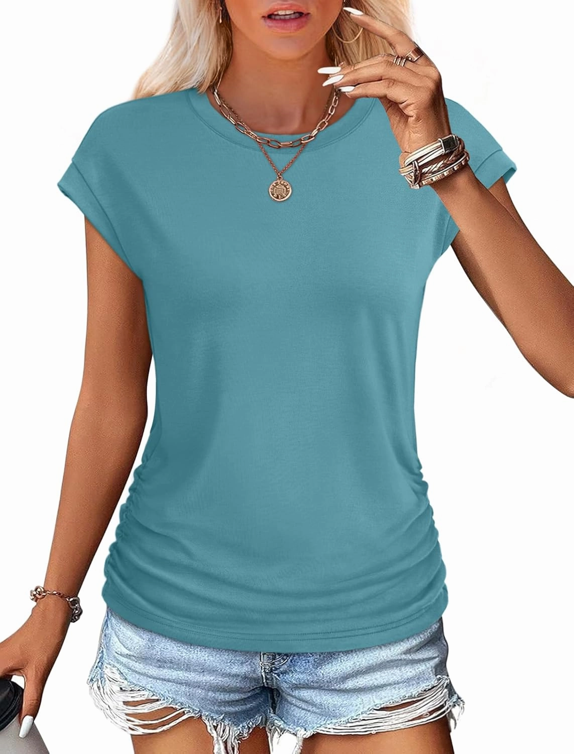 SAMPEEL Womens Summer Tops Trendy 2025 Ruched Cap Short Sleeve Tshirts Shirts Crew Neck T Shirts Fashion