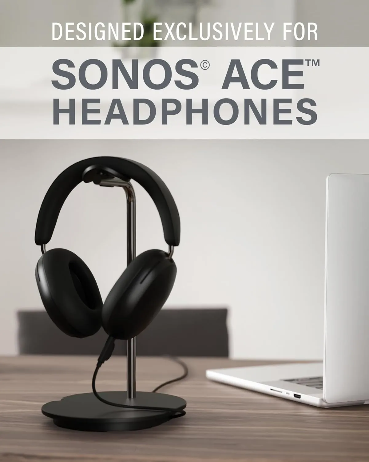 Sanus Sonos Ace Headphones Stand - Premium Stand w/Silicone Cradle Prevents Creasing & Built-in Cable Management w/Magnetic Clip for Fast Charging - Tool-Free Setup - Black Sonos Headphones Holder