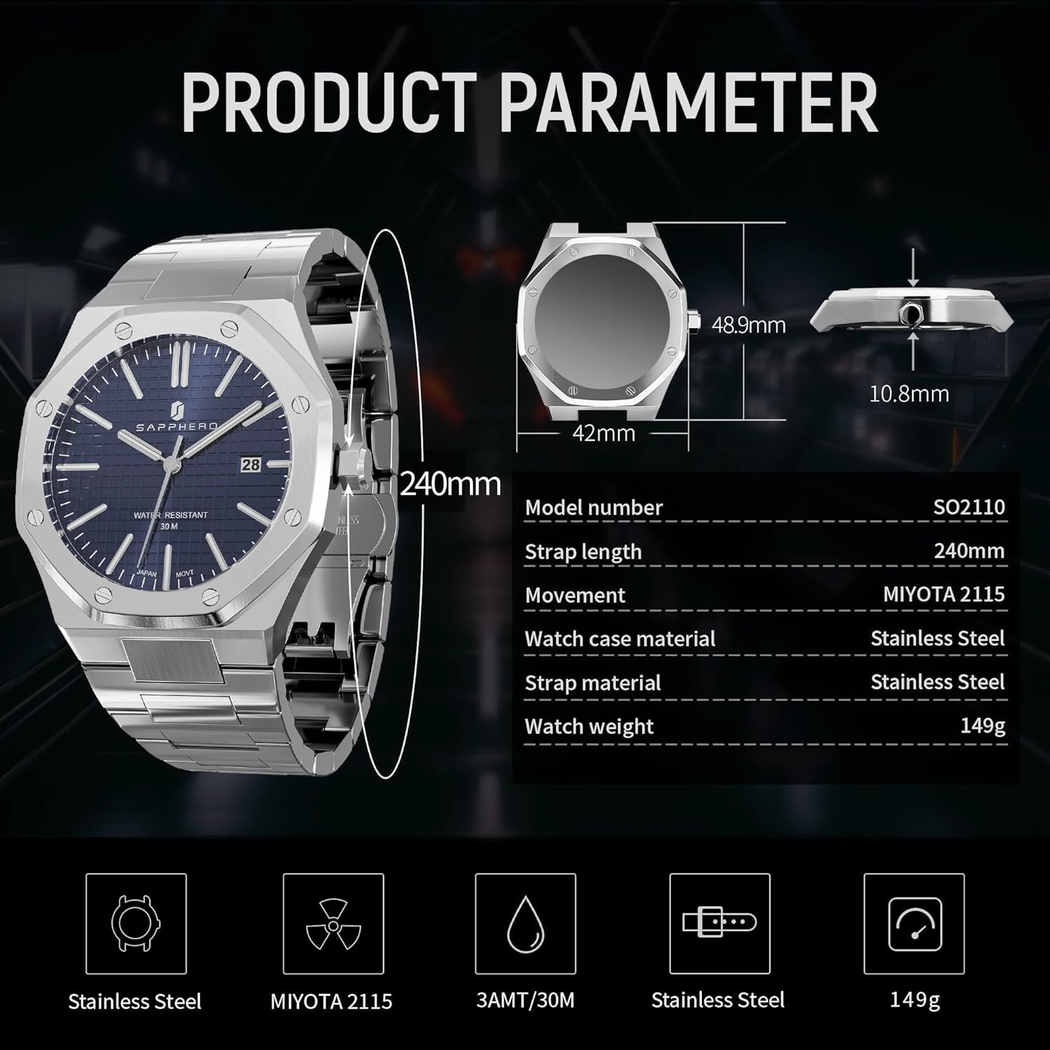 SAPPHERO Watches Men Octagonal Stainless Steel Waterproof Analog Japanese Quartz Wrist Watch Luminous Date Classic Business Luxury Watches for Men Elegant Gifts