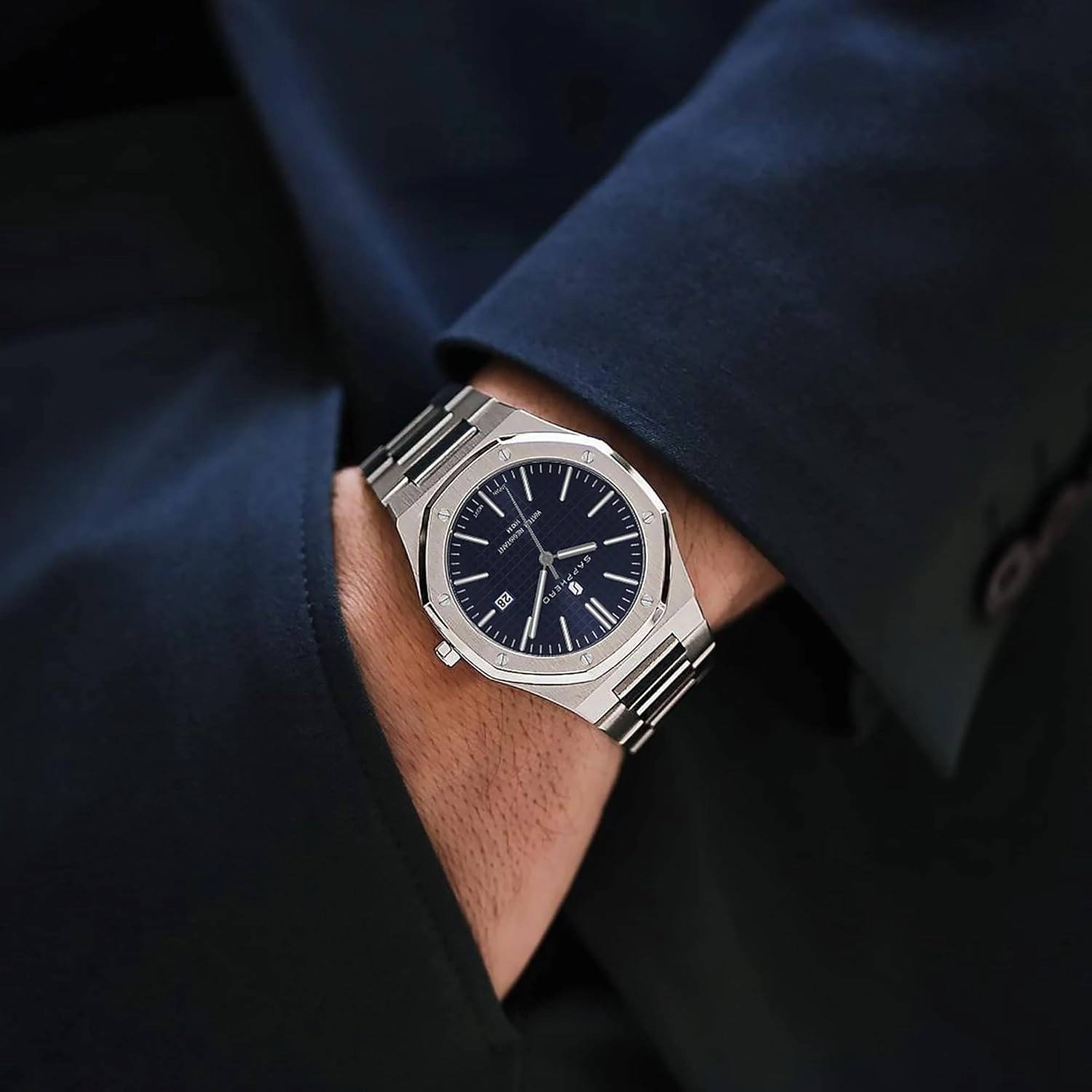 SAPPHERO Watches Men Octagonal Stainless Steel Waterproof Analog Japanese Quartz Wrist Watch Luminous Date Classic Business Luxury Watches for Men Elegant Gifts