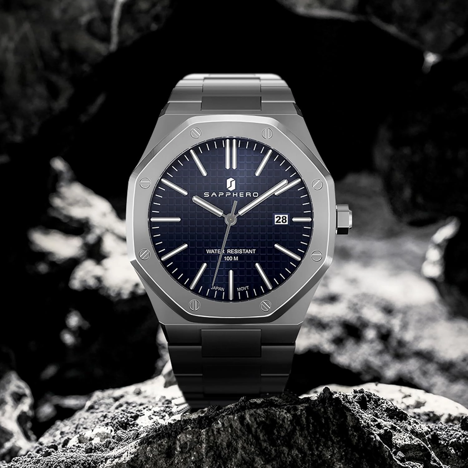 SAPPHERO Watches Men Octagonal Stainless Steel Waterproof Analog Japanese Quartz Wrist Watch Luminous Date Classic Business Luxury Watches for Men Elegant Gifts