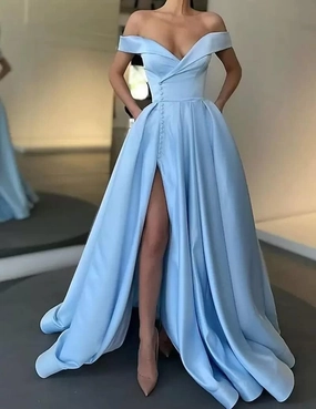 Satin Women's Off The Shoulder Prom Dresses Long Gowns Backless Slit Formal Evening Party Dress with Pockets