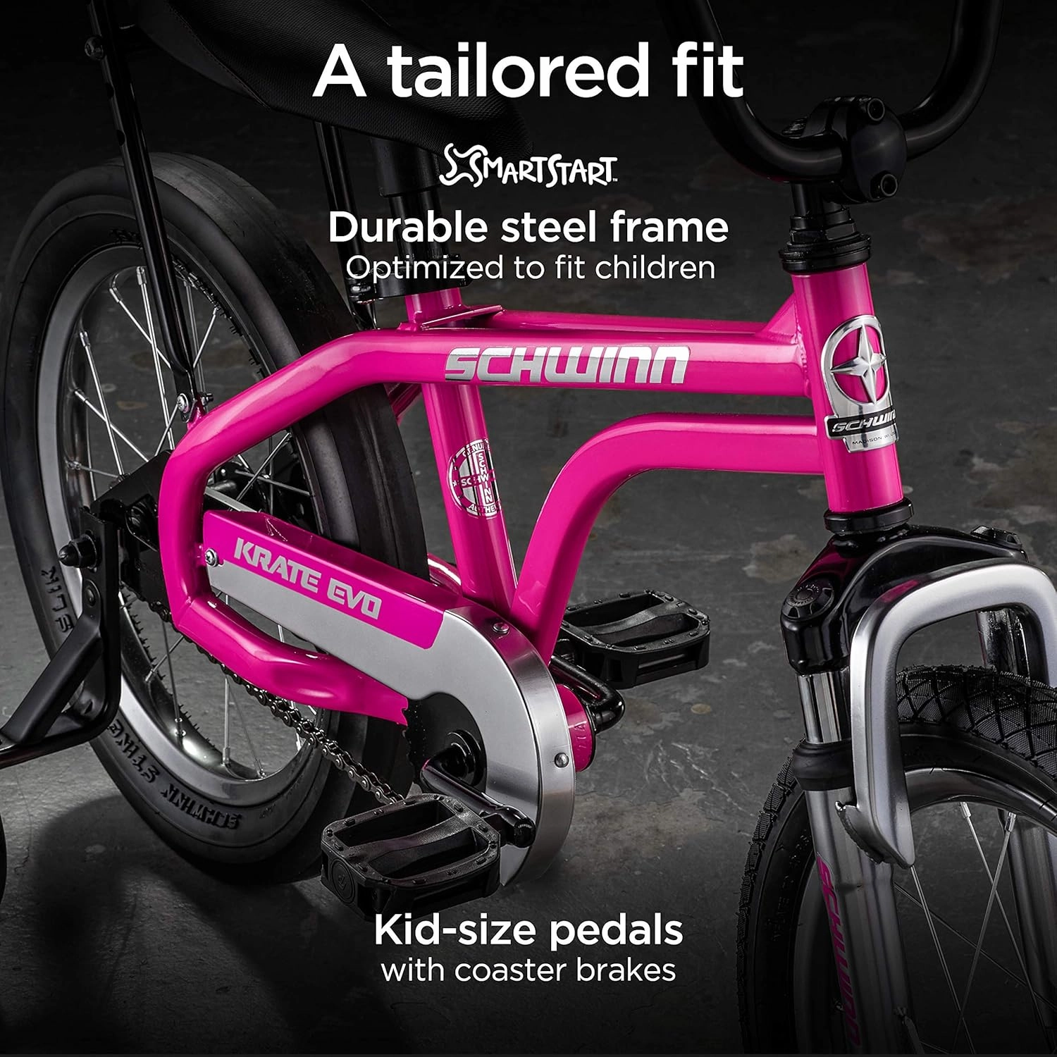 Schwinn Krate EVO Kids Bike for Boys and Girls Ages 3-5 Years, 16-Inch Wheels, Front Suspension, Slik Rear Tire, Rider Height 38 to 48-Inches, Removable Training Wheels, Rear Coaster Brake