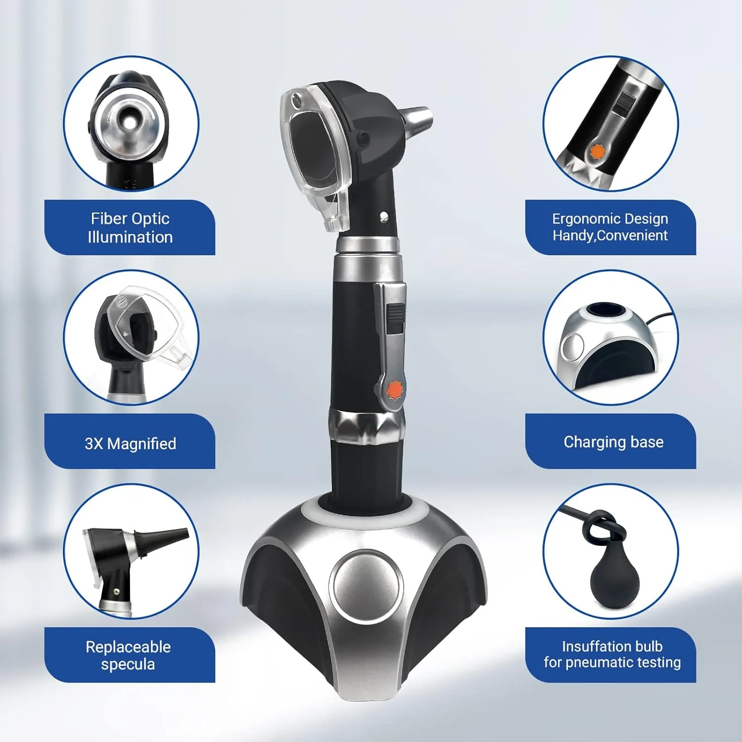 SCIAN Otoscope with Light - Rechargable Diagnostic Ear Care Tool with Fiber Illumination, Pocket Ear Light Otoscope Set for Nurse,Children,Adults,Pets(Black)