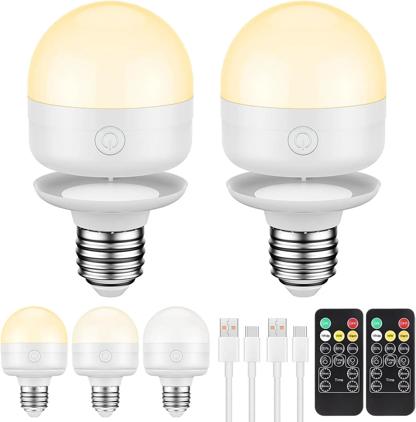 SCOPOW 2Packs E26 Rechargeable Light Bulbs with Remote Control Timer and 3 Color Temperature Magnetically Battery Operated Light Bulbs Dimmer for Non-Hardwired Detachable (5W E26 3Colors 2PC)