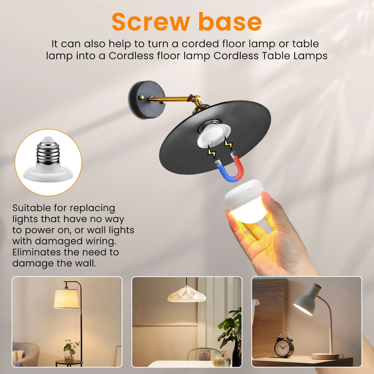 SCOPOW 2Packs E26 Rechargeable Light Bulbs with Remote Control Timer and 3 Color Temperature Magnetically Battery Operated Light Bulbs Dimmer for Non-Hardwired Detachable (5W E26 3Colors 2PC)