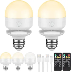 SCOPOW 2Packs E26 Rechargeable Light Bulbs with Remote Control Timer and 3 Color Temperature Magnetically Battery Operated Light Bulbs Dimmer for Non-Hardwired Detachable (5W E26 3Colors 2PC)
