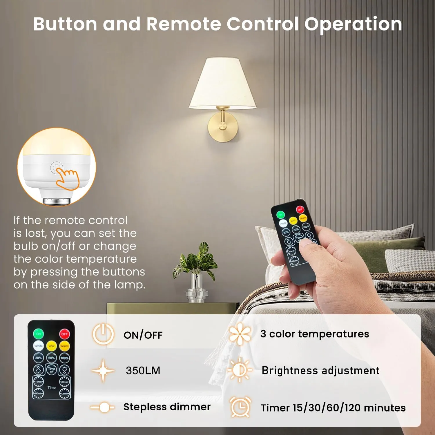 SCOPOW 2Packs E26 Rechargeable Light Bulbs with Remote Control Timer and 3 Color Temperature Magnetically Battery Operated Light Bulbs Dimmer for Non-Hardwired Detachable (5W E26 3Colors 2PC)