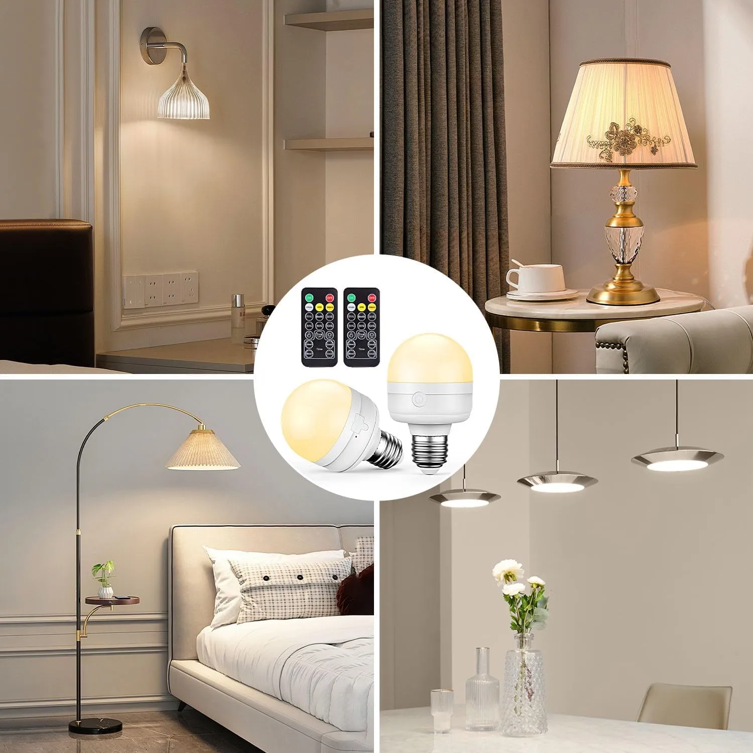 SCOPOW 2Packs E26 Rechargeable Light Bulbs with Remote Control Timer and 3 Color Temperature Magnetically Battery Operated Light Bulbs Dimmer for Non-Hardwired Detachable (5W E26 3Colors 2PC)