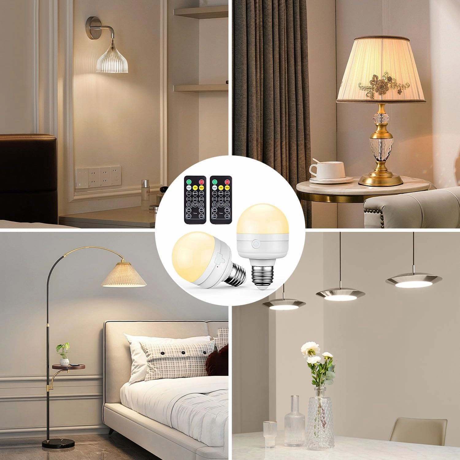 SCOPOW 8W E26 Rechargeable Light Bulbs with Remote Control Timer and 3 Color Temperature 600LM Magnetically Battery Operated Light Bulbs Dimmer for Non-Hardwired(8W E26 3Colors 2PC)