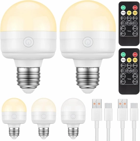 SCOPOW 8W E26 Rechargeable Light Bulbs with Remote Control Timer and 3 Color Temperature 600LM Magnetically Battery Operated Light Bulbs Dimmer for Non-Hardwired(8W E26 3Colors 2PC)