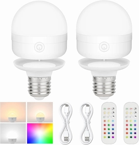 SCOPOW Rechargeable Light Bulbs with Remote 15 Color Temperature,450LM,Battery Operated Light Bulb Detachable Charging Magnetically Dimmer Timer for Non-Hardwired (6W 3Colors RGB 2PC)