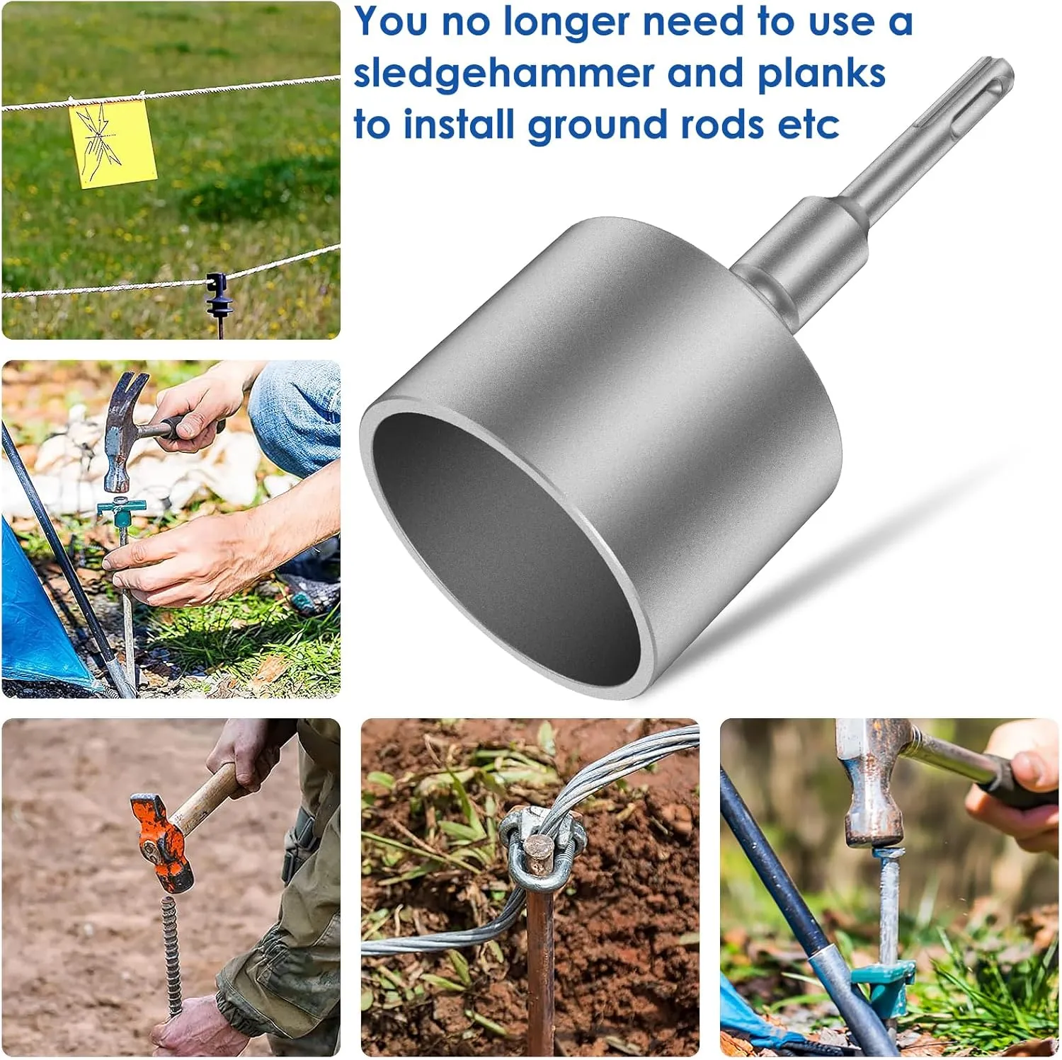 SDS Plus T-Post Ground Rod Driver，Forged Steel Drill Bit Driver, Heavy Duty Hammer Drill Rod Converter, Save Time Ground Rod Driver Tool for Rotary Hammer Drill Ground Rods(2.56inch)