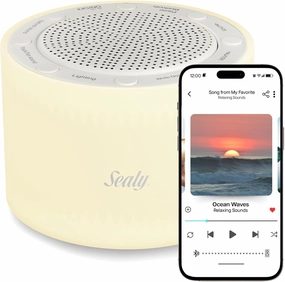 Sealy Wireless Sleep Sound Machine & Night Light – 14 Sound Modes (White Noise, Nature, Fan), Bluetooth Speaker, 2 Brightness Levels, 2 Timer Settings, Rechargeable Battery, 3H Playtime