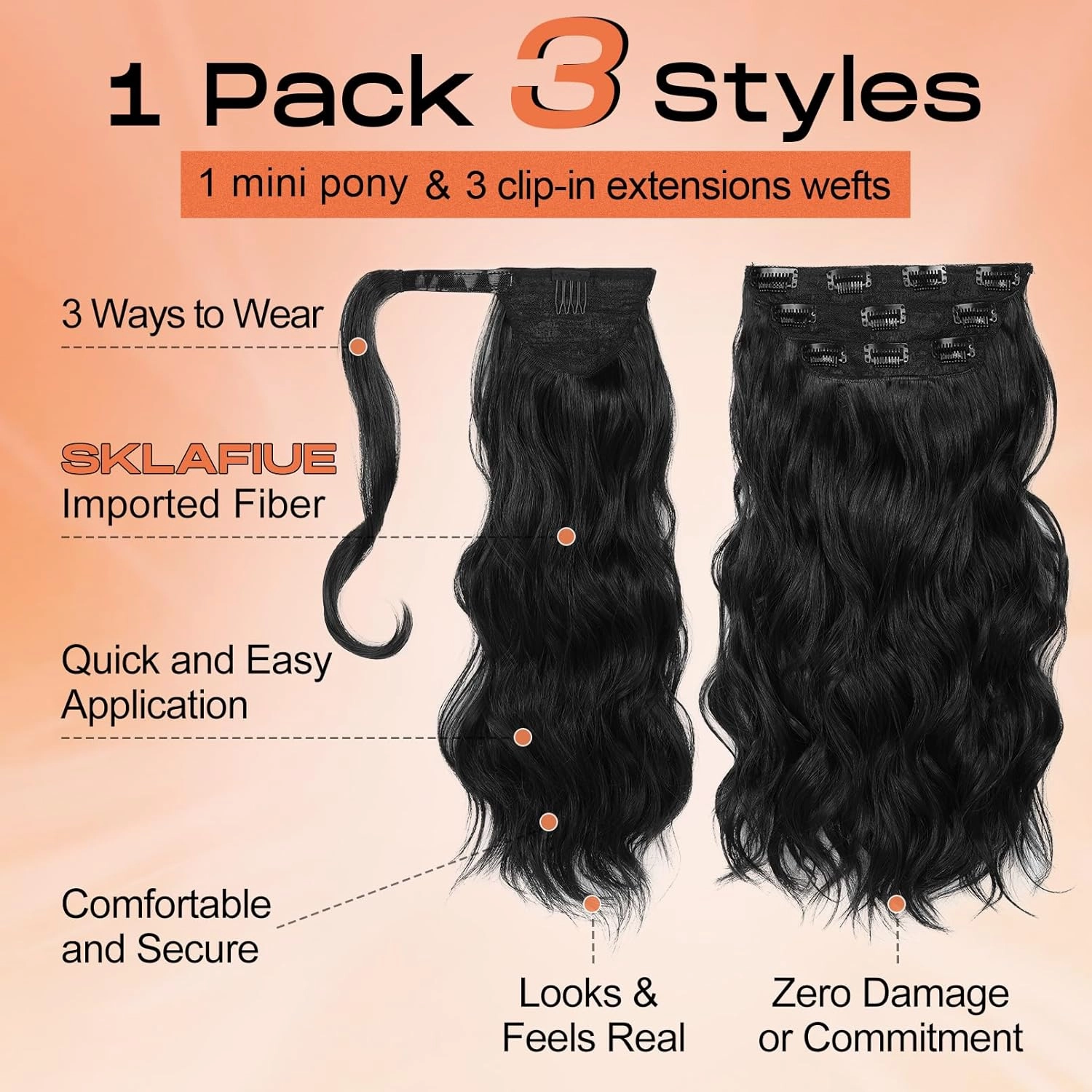 SEIKEA Half Up Half Down Ponytail Extension Set, 4PCS 16" Long Wavy Clip in Hair Extensions 3 Style in 1 Tangle-Resistant Natural Soft Thick Fake Wrap Around Ponytail Synthetic Hairpiece Jet Black