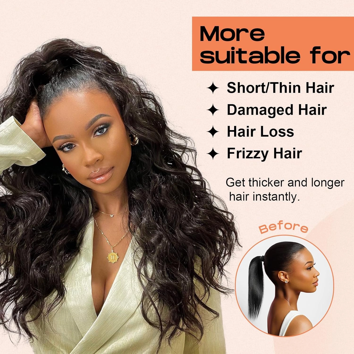 SEIKEA Half Up Half Down Ponytail Extension Set, 4PCS 16" Long Wavy Clip in Hair Extensions 3 Style in 1 Tangle-Resistant Natural Soft Thick Fake Wrap Around Ponytail Synthetic Hairpiece Jet Black