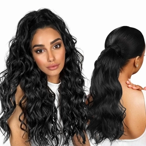 SEIKEA Half Up Half Down Ponytail Extension Set, 4PCS 16" Long Wavy Clip in Hair Extensions 3 Style in 1 Tangle-Resistant Natural Soft Thick Fake Wrap Around Ponytail Synthetic Hairpiece Jet Black