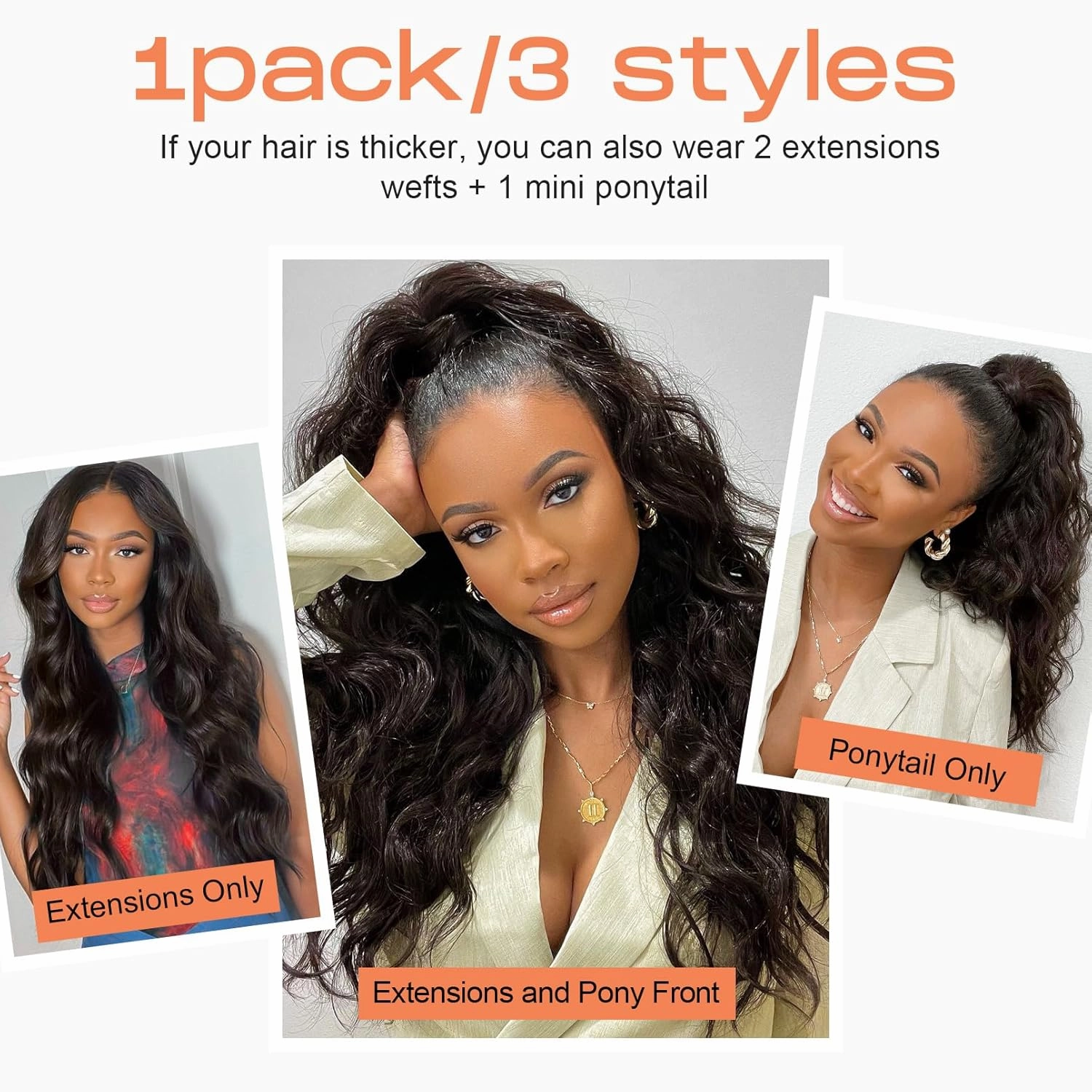 SEIKEA Half Up Half Down Ponytail Extension Set, 4PCS 16" Long Wavy Clip in Hair Extensions 3 Style in 1 Tangle-Resistant Natural Soft Thick Fake Wrap Around Ponytail Synthetic Hairpiece Jet Black