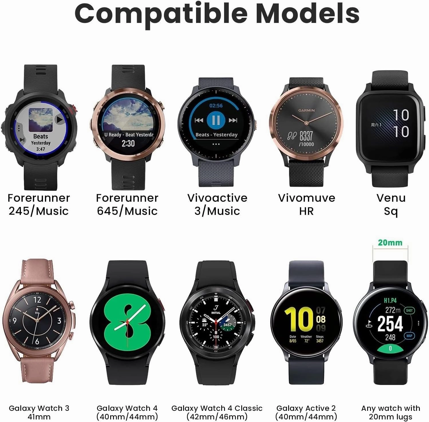 SERDAS For Garmin Forerunner 245 Band Forerunner 55 Band, 20mm Replacement Band For Galaxy Watch 5/5 Pro Galaxy Watch 4 Vivoactive 3 Vivoactive 5 Band