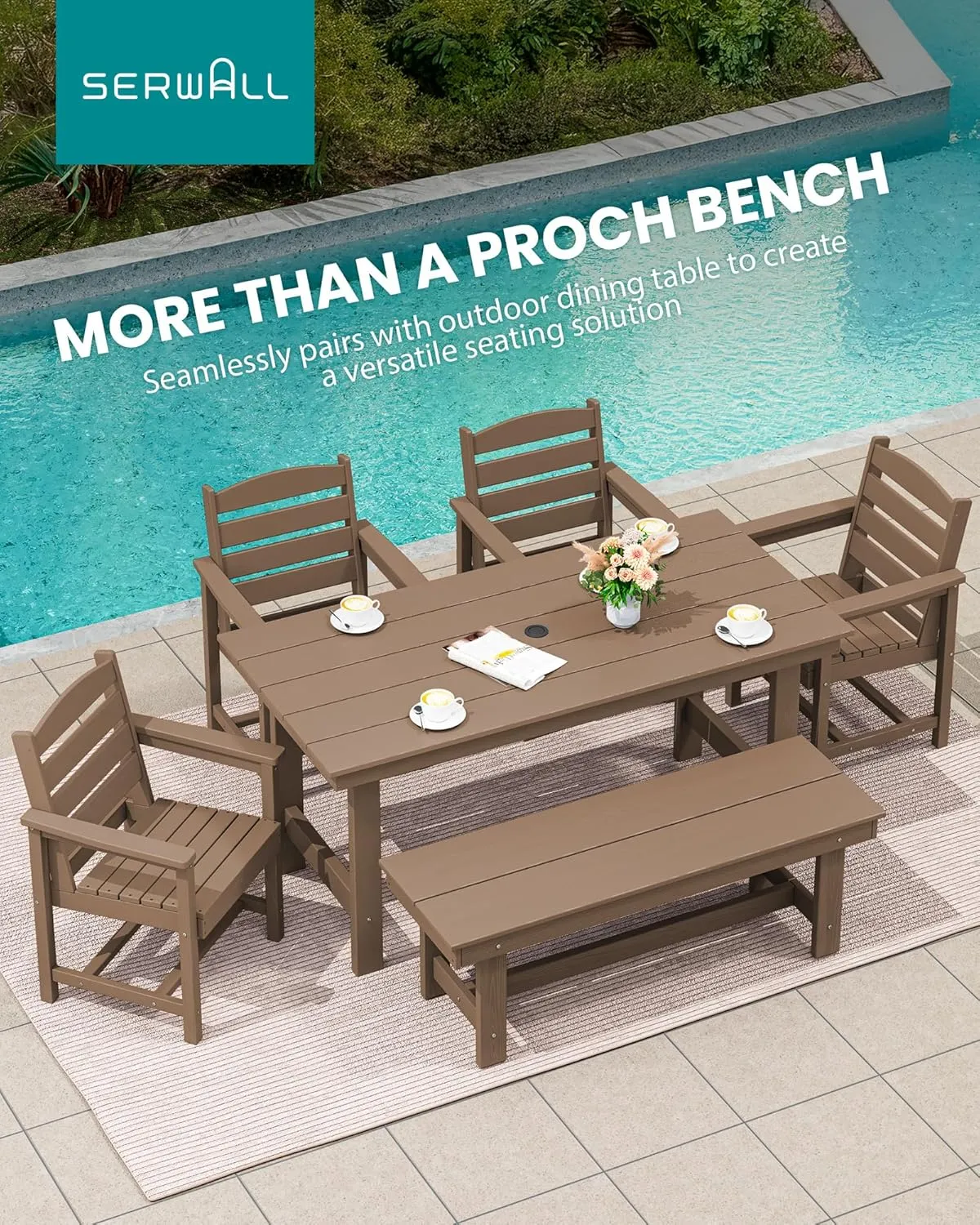 SERWALL 2-Person Outdoor Bench Backless, HDPE Outdoor Benches Weatherproof, 700 Lbs Weight Capacity, Poly Lumber Patio Furniture for Garden, Porch and Park, Brown