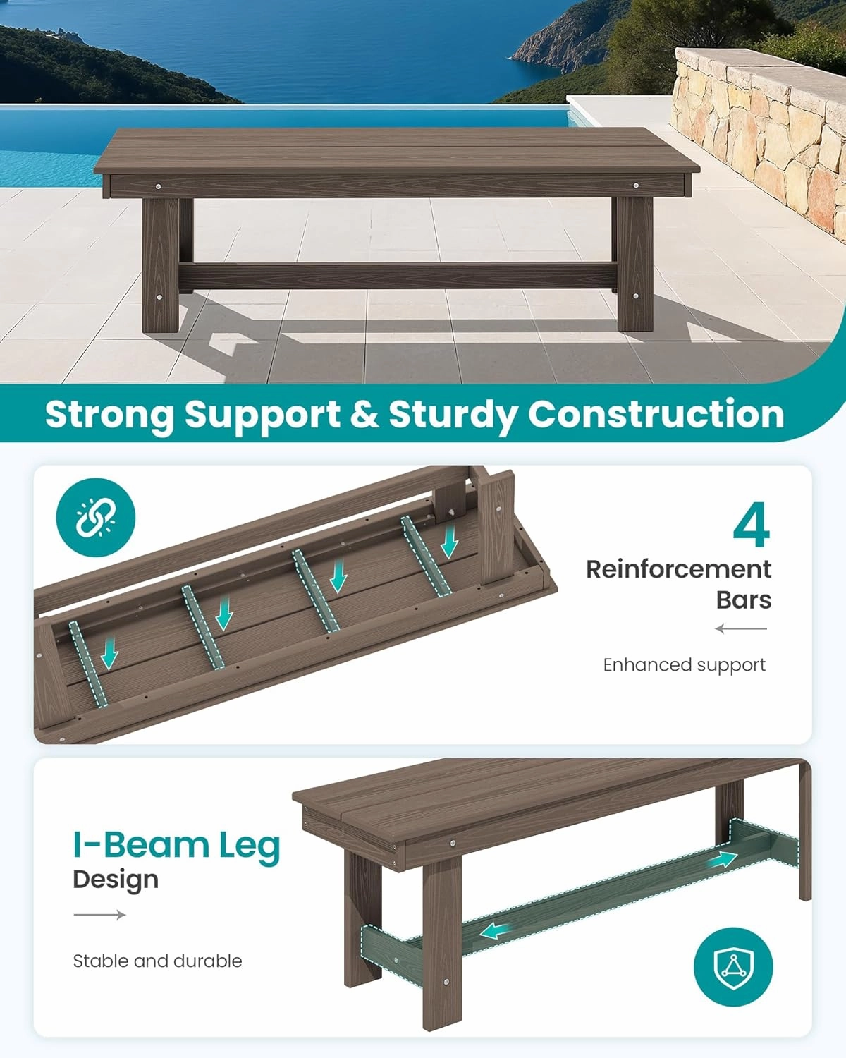 SERWALL 2-Person Outdoor Bench Backless, HDPE Outdoor Benches Weatherproof, 700 Lbs Weight Capacity, Poly Lumber Patio Furniture for Garden, Porch and Park, Coffee