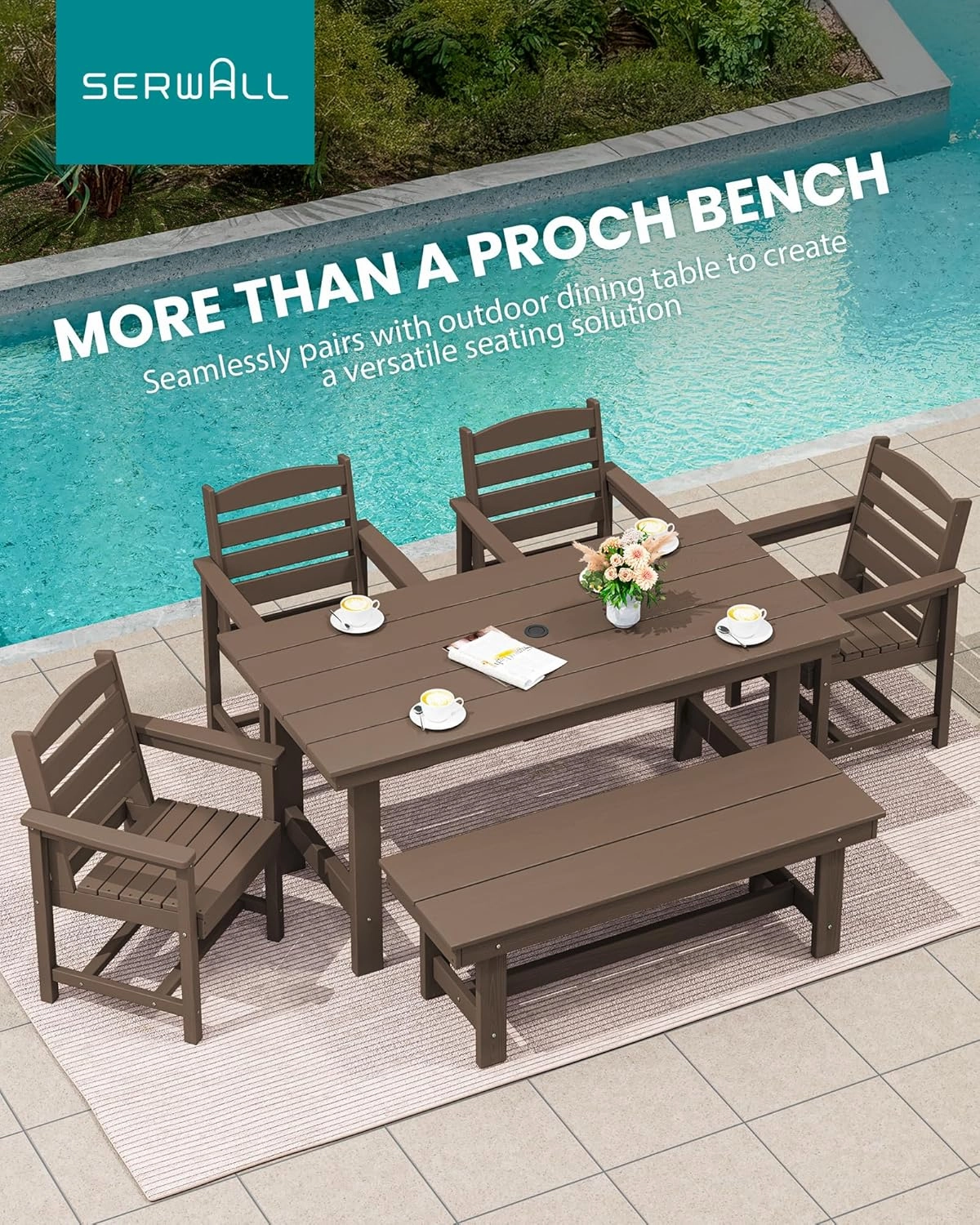 SERWALL 2-Person Outdoor Bench Backless, HDPE Outdoor Benches Weatherproof, 700 Lbs Weight Capacity, Poly Lumber Patio Furniture for Garden, Porch and Park, Coffee