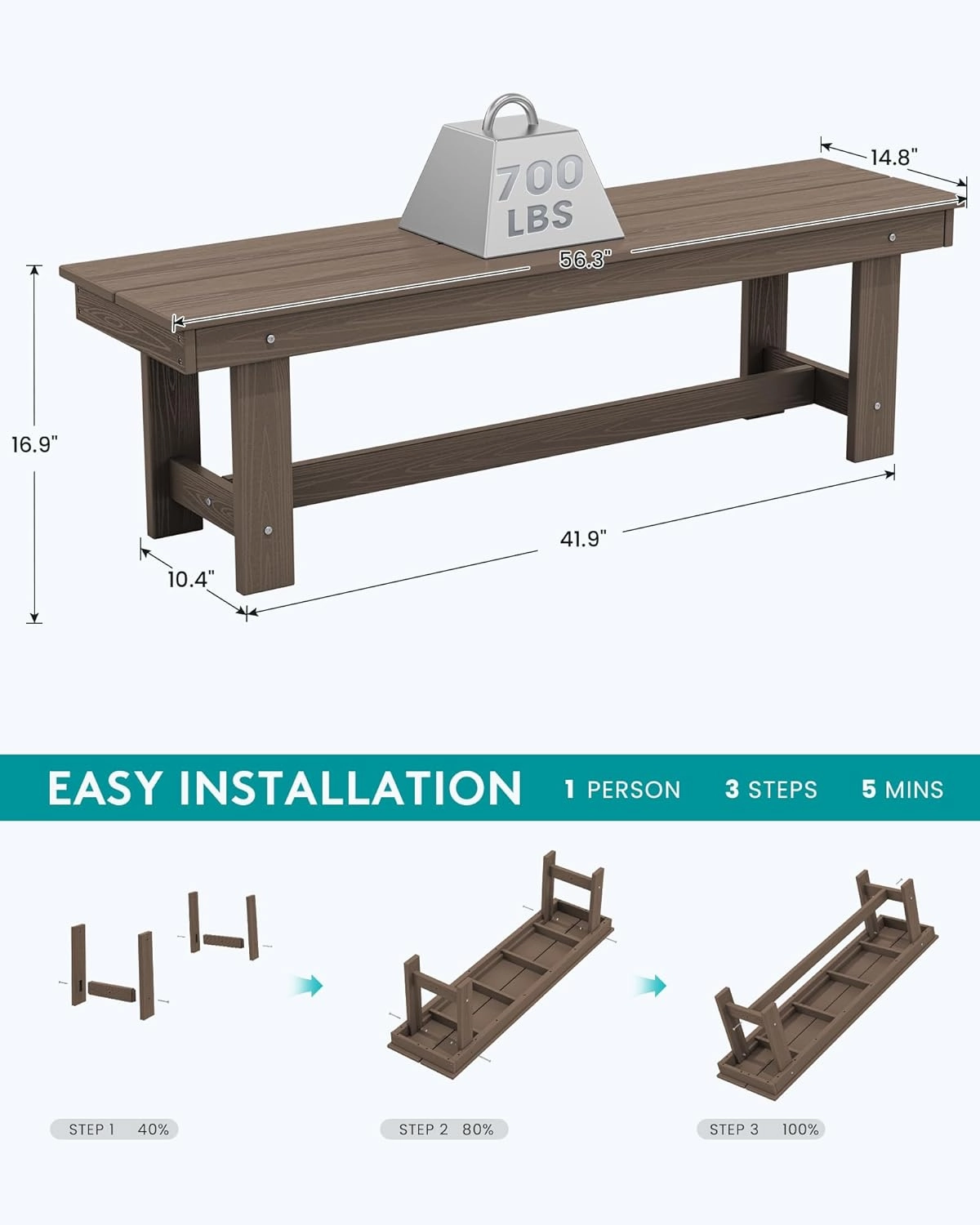 SERWALL 2-Person Outdoor Bench Backless, HDPE Outdoor Benches Weatherproof, 700 Lbs Weight Capacity, Poly Lumber Patio Furniture for Garden, Porch and Park, Coffee