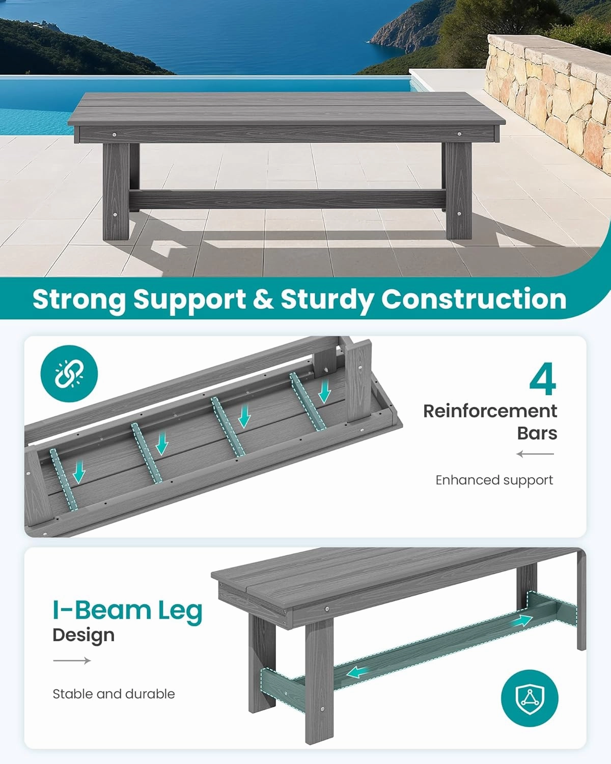 SERWALL 2-Person Outdoor Bench Backless, HDPE Outdoor Benches Weatherproof, 700 Lbs Weight Capacity, Poly Lumber Patio Furniture for Garden, Porch and Park, Grey