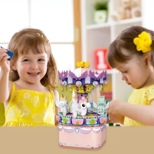 Sezua Music Box Carousel Building - Rotating Carousel Constructions Blocks Toy with Music for Girls Age 6 7 8 9, 874 Pieces Music Box Building Gift for Christmas Valentine Thanksgiving Birthday