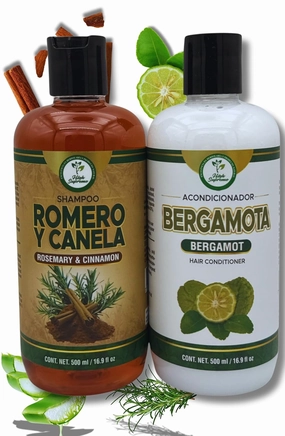 Shampoo Romero, Sábila & Canela   Acondicionador de Bergamota – 16.9 fl oz each – Premium Nourishing Hair Care Set – Nutre y Revitaliza – Natural Shine & Strength – For All Hair Types