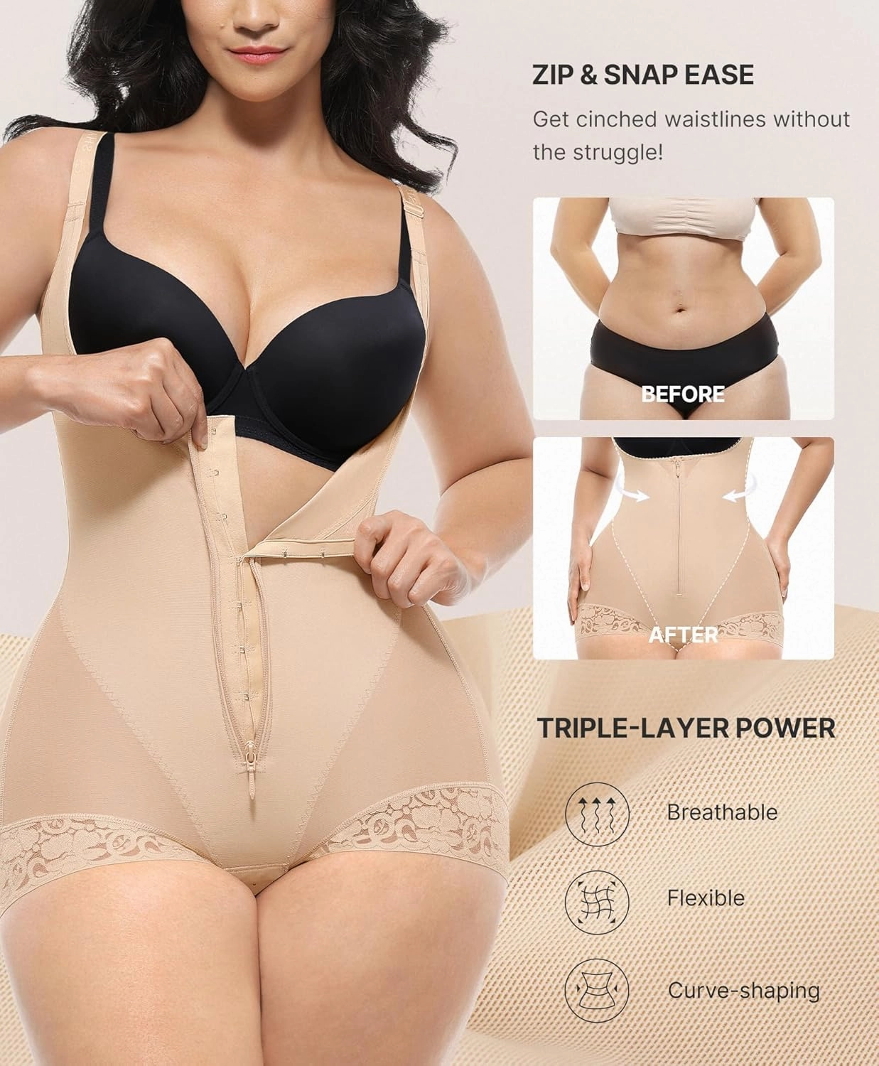 SHAPELLX Shapewear for Women Fajas Colombianas Tummy Control Body Shaper Open Bust Bodysuit with Hook Zipper Closure