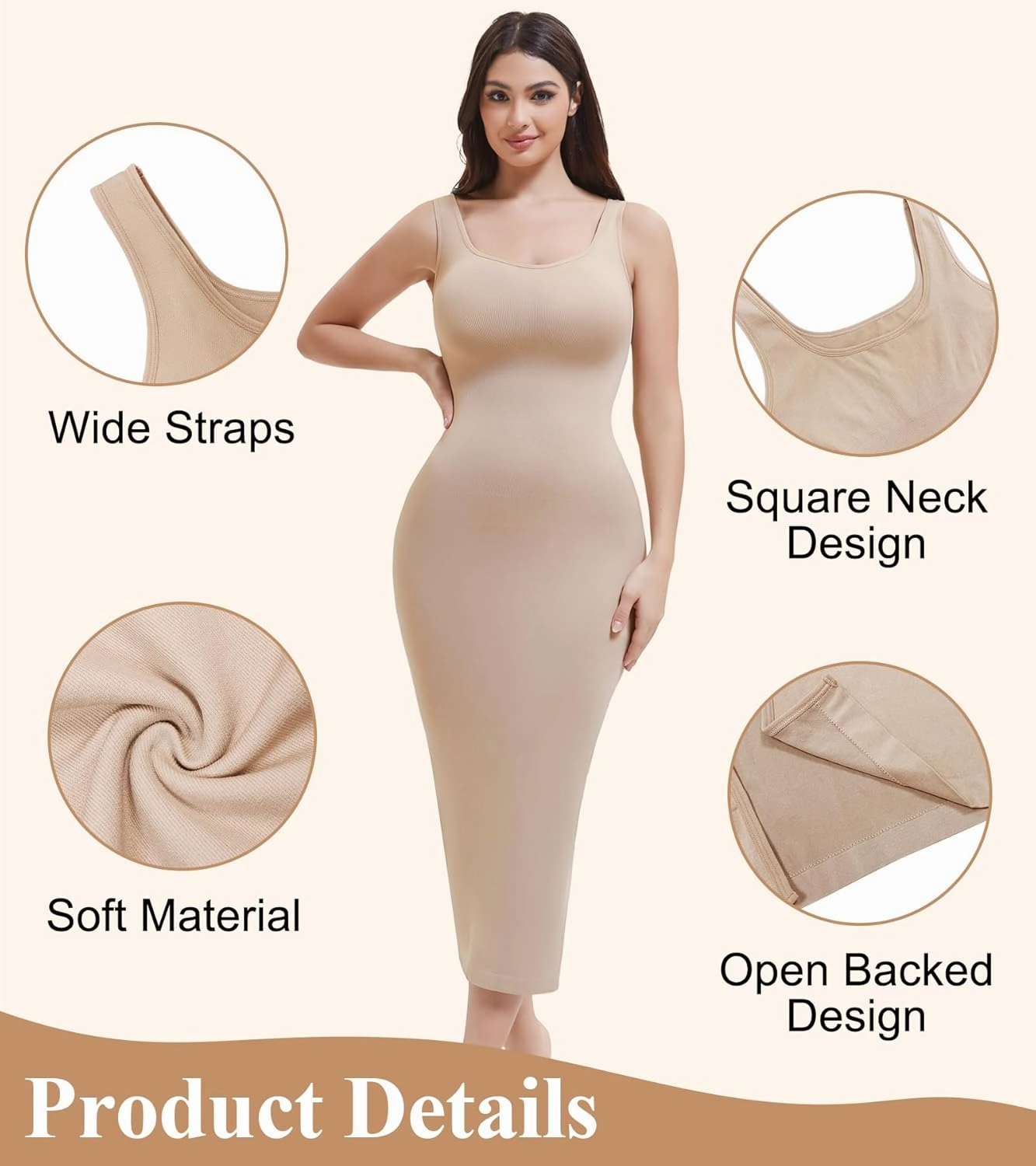 Shapewear Full Slip for Under Dresses, Tummy Control Slip Dress for Women, Square Neck Long Slimming Dress
