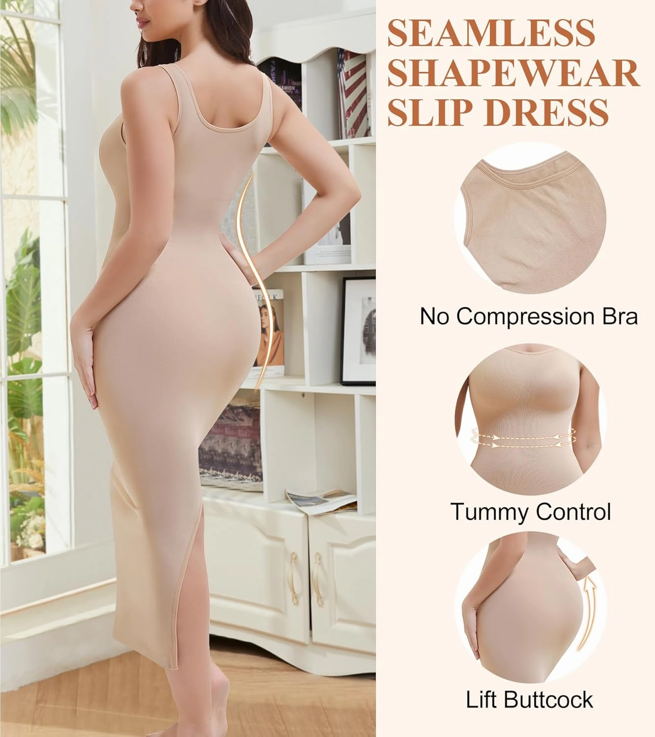 Shapewear Full Slip for Under Dresses, Tummy Control Slip Dress for Women, Square Neck Long Slimming Dress