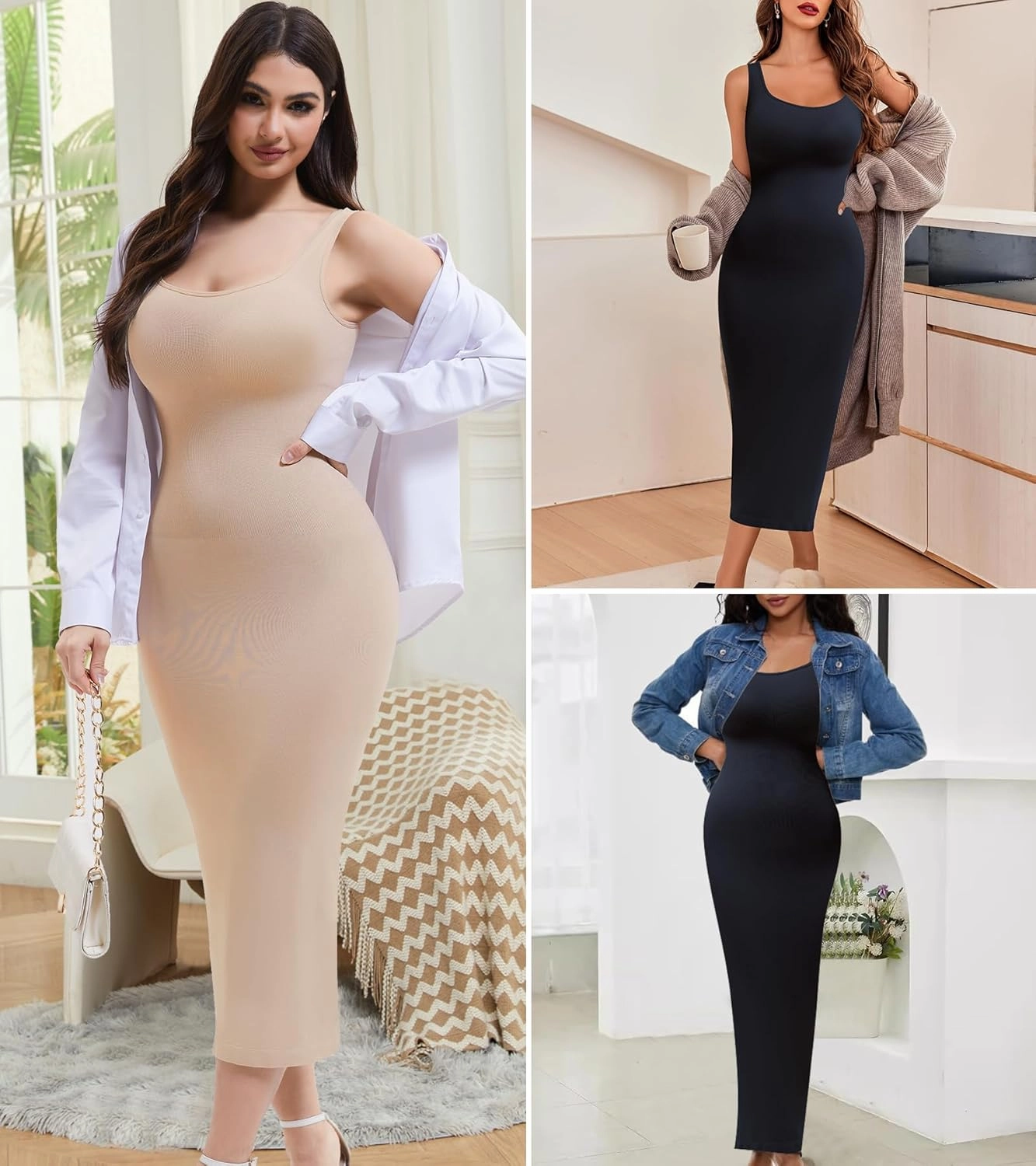 Shapewear Full Slip for Under Dresses, Tummy Control Slip Dress for Women, Square Neck Long Slimming Dress