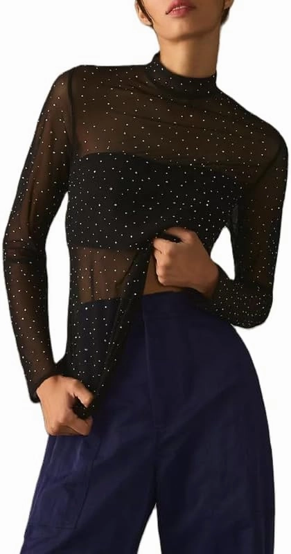 Sheer Mesh Long Sleeve Layering Top for Women Mock Neck Floral Lace Tshirt See Through Tee Shirt Blouse