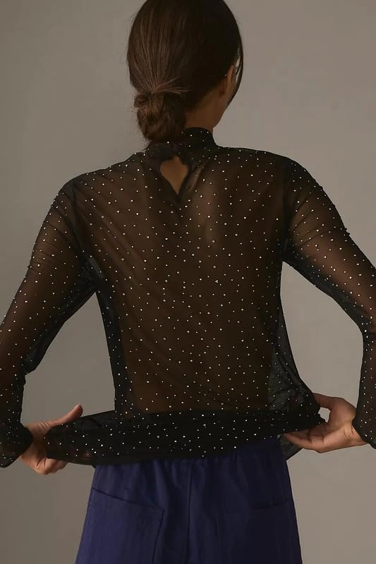 Sheer Mesh Long Sleeve Layering Top for Women Mock Neck Floral Lace Tshirt See Through Tee Shirt Blouse