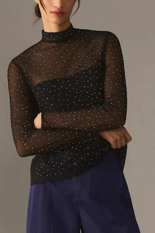 Sheer Mesh Long Sleeve Layering Top for Women Mock Neck Floral Lace Tshirt See Through Tee Shirt Blouse