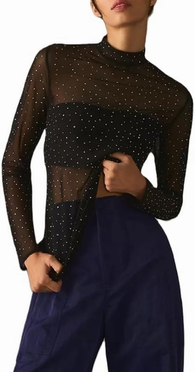 Sheer Mesh Long Sleeve Layering Top for Women Mock Neck Floral Lace Tshirt See Through Tee Shirt Blouse