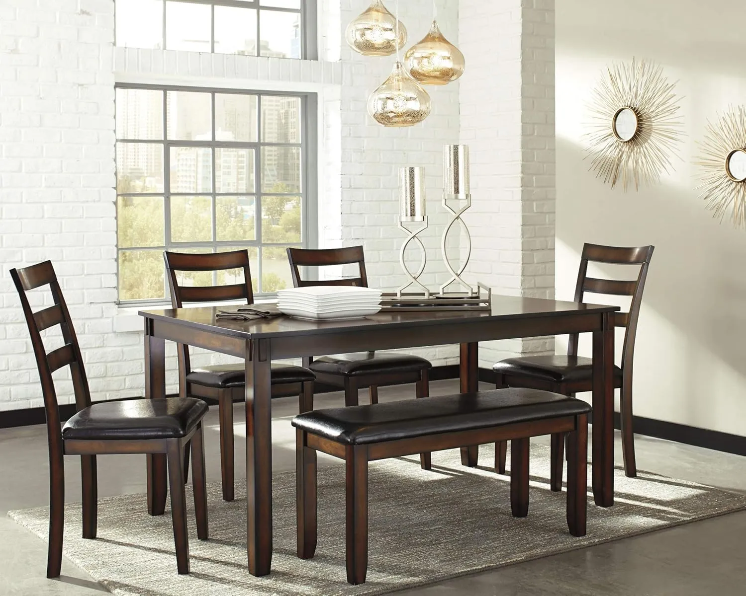 Signature Design by Ashley Coviar 6 Piece Dining Set, Includes Table, 4 Chairs & Bench, Dark Brown