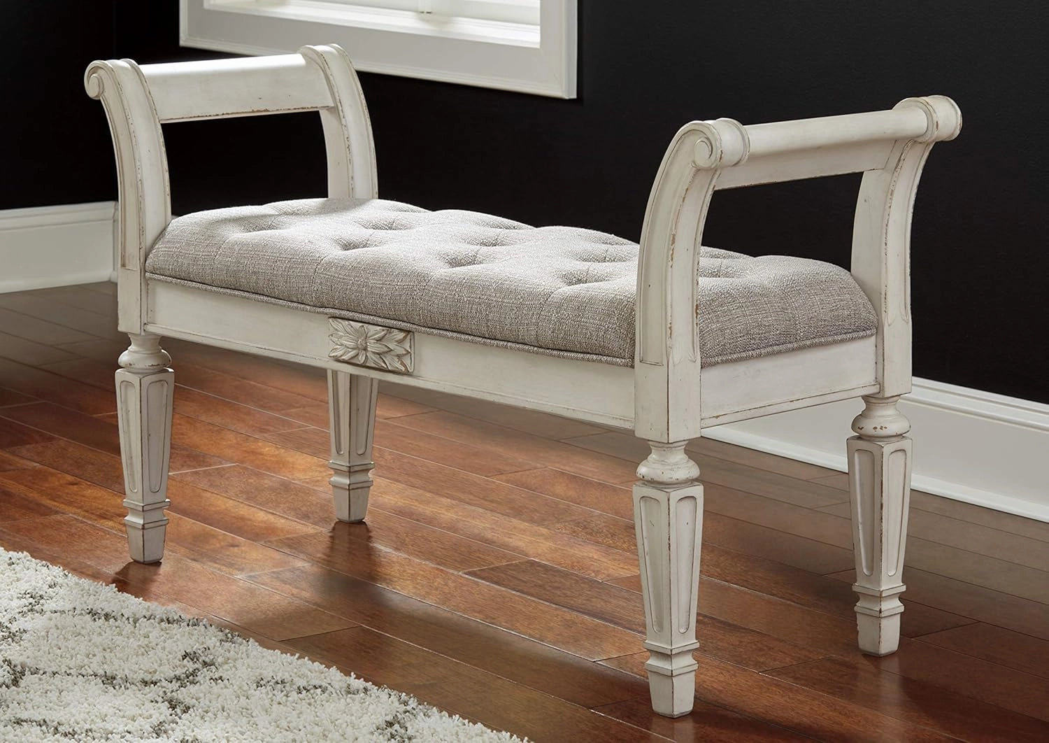 Signature Design by Ashley Realyn French Country Upholstered Tufted Accent Bench, Antique White