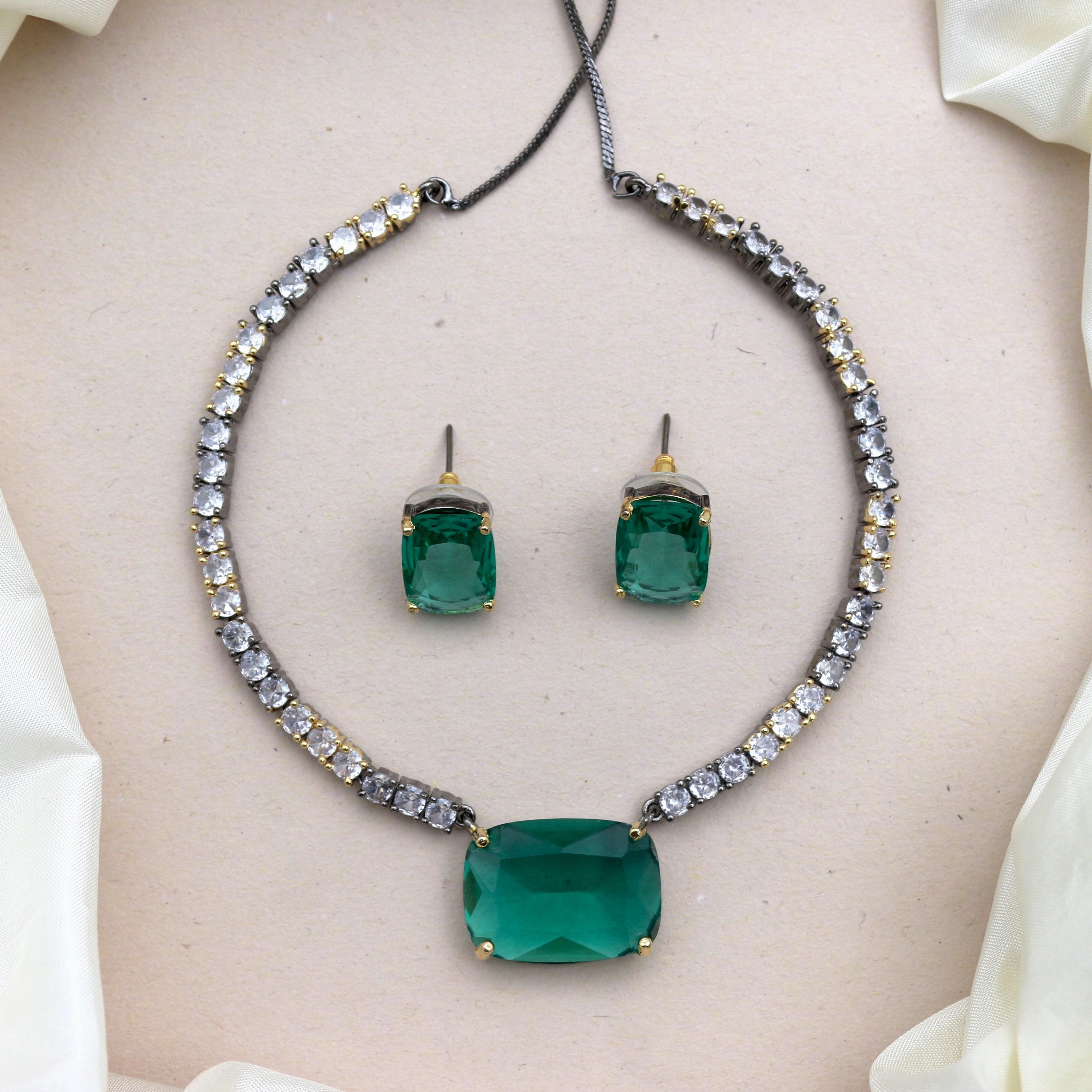 Simple AD Dual Tone Polish Big Rectangle Stone Necklace