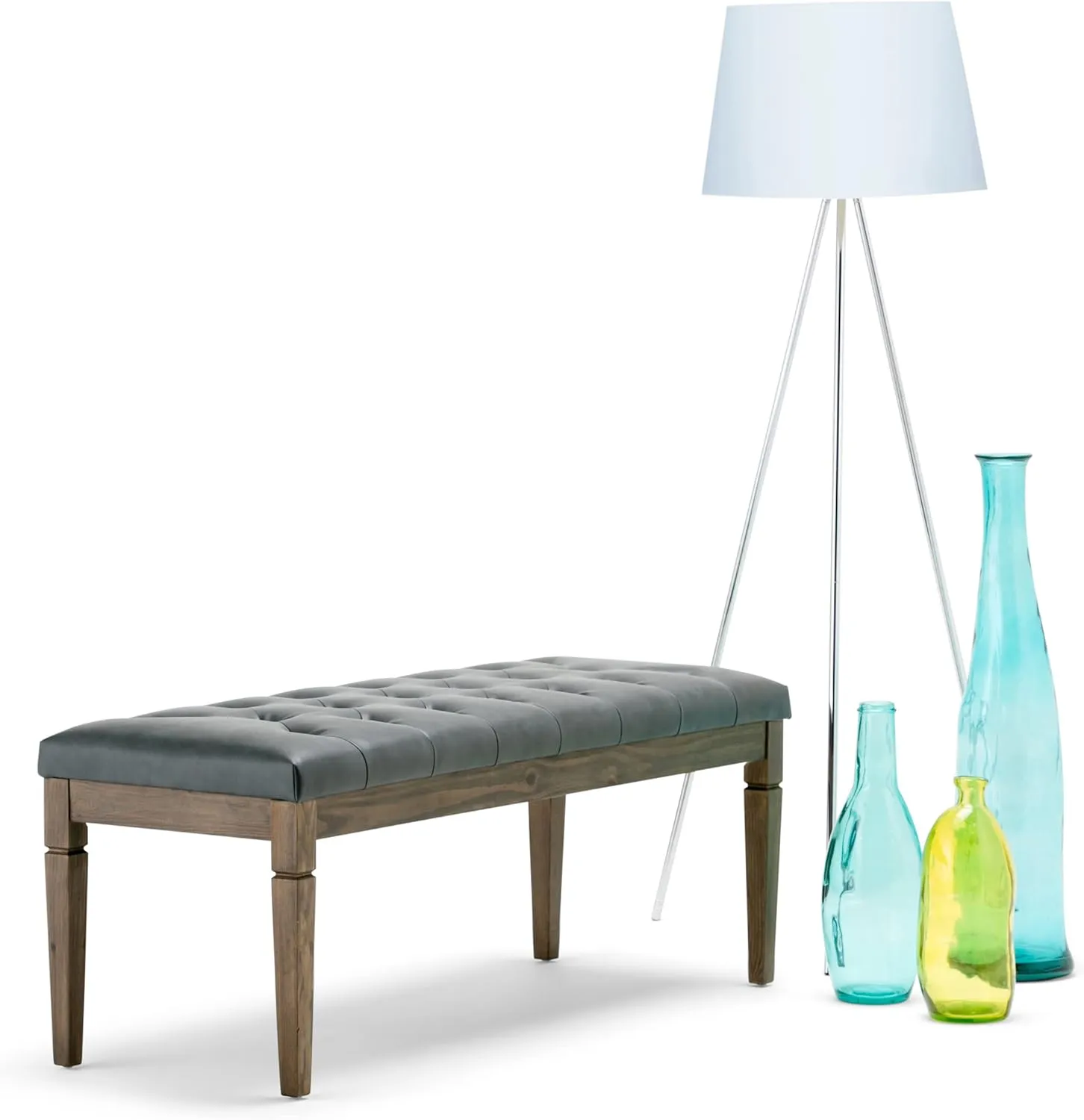 SIMPLIHOME Waverly 48 inch Wide Traditional Rectangle Tufted Ottoman Bench in Slate Grey Vegan Faux Leather, Assembled, For the Living Room and Bedroom