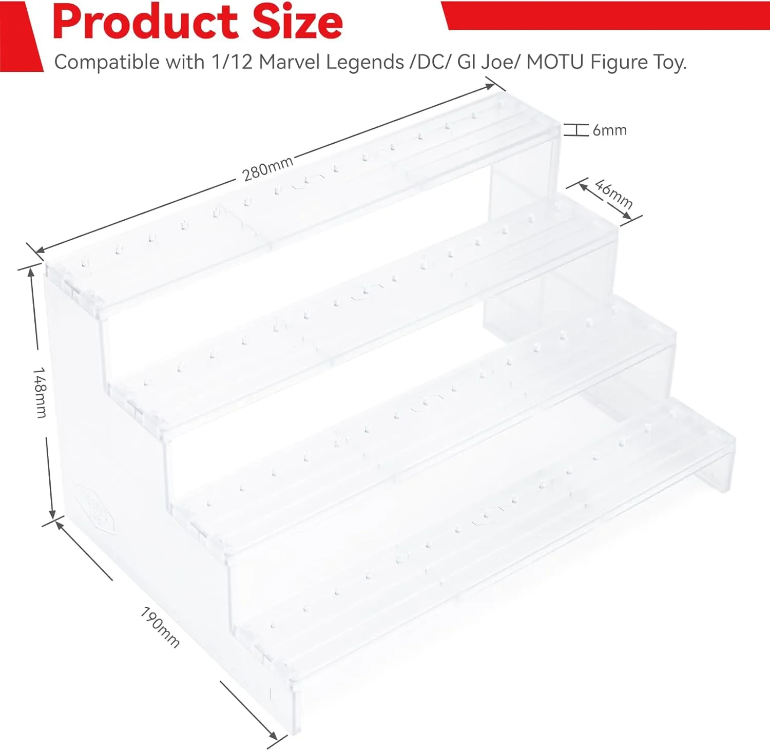 SIXPOINTS Clear Riser Display Shelf with Peg,4 Tier 6 inch Action Figure Toy Collectibles Organizer, Compatible with 1/12 Scale Marvel Legends/DC/GI Joe/Motu Figure Toy(6 inch-Clear)