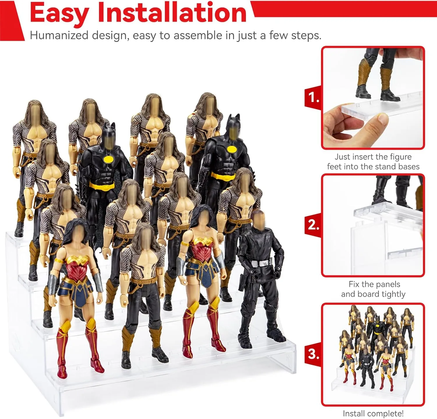 SIXPOINTS Clear Riser Display Shelf with Peg,4 Tier 6 inch Action Figure Toy Collectibles Organizer, Compatible with 1/12 Scale Marvel Legends/DC/GI Joe/Motu Figure Toy(6 inch-Clear)