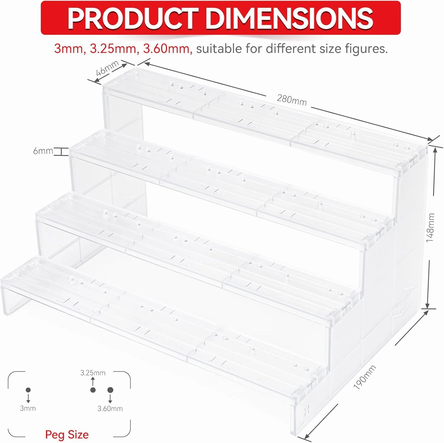 SIXPOINTS Clear Riser Display Shelf with Peg,4 Tier 6 inch Action Figure Toy Collectibles Organizer, Compatible with 1/12 Scale Star Wars Black Series Figure Toy