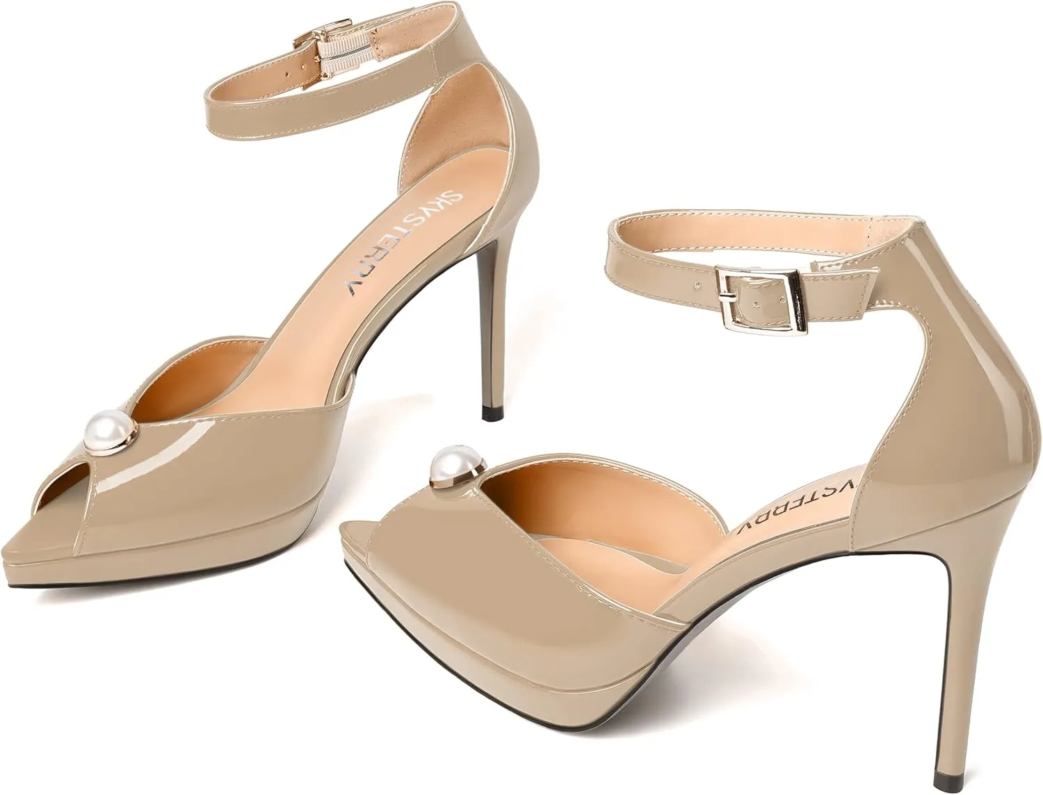 SKYSTERRY Womens Cute Peep Toe Platform Patent Ankle Strap Wedding Buckle Stiletto High Heel Pumps Shoes 4 Inch