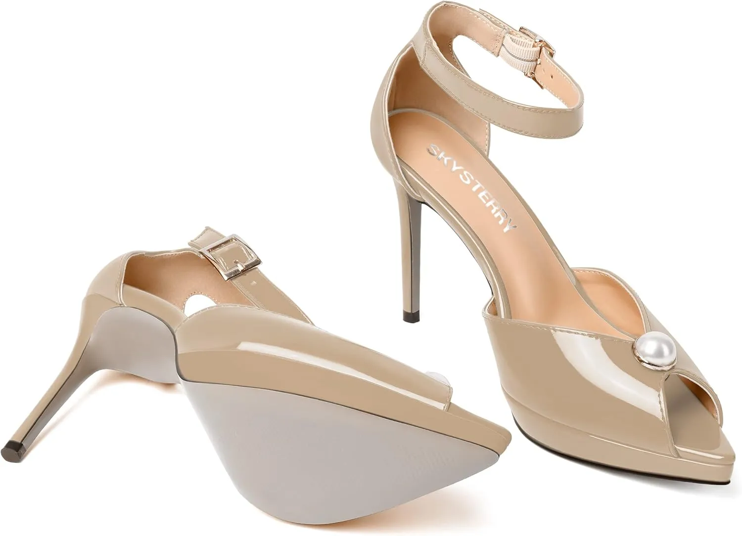 SKYSTERRY Womens Cute Peep Toe Platform Patent Ankle Strap Wedding Buckle Stiletto High Heel Pumps Shoes 4 Inch