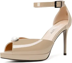 SKYSTERRY Womens Cute Peep Toe Platform Patent Ankle Strap Wedding Buckle Stiletto High Heel Pumps Shoes 4 Inch